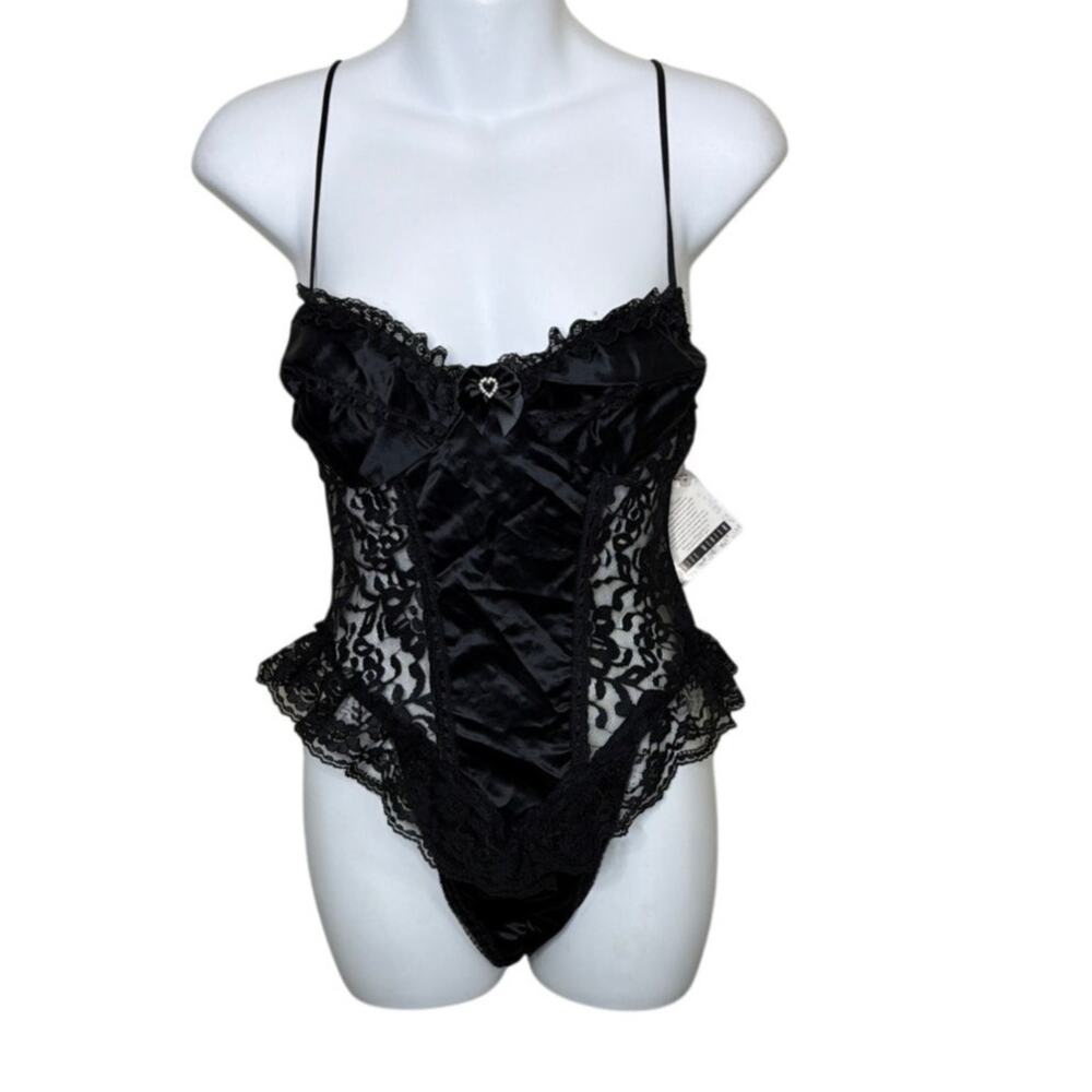 Vtg Alana Gale Black Satin Lace Teddy Bodysuit Lingerie Heart Charm Gothic M New